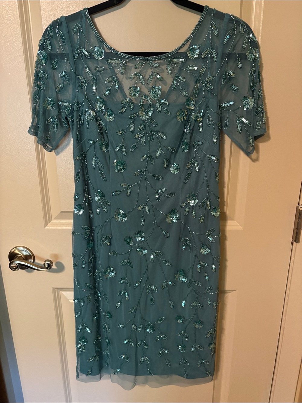 Adrianna Papell Teal Sequin Floral Midi Dress